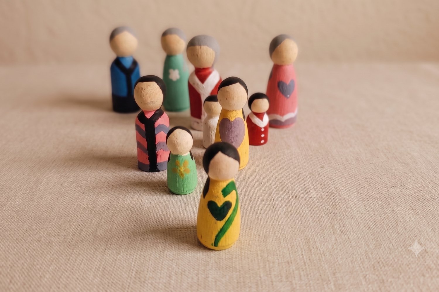 Nueve Famores, figuras de madera pintadas a mano, dispuestos en una configuración familiar sobre una mesa clara.