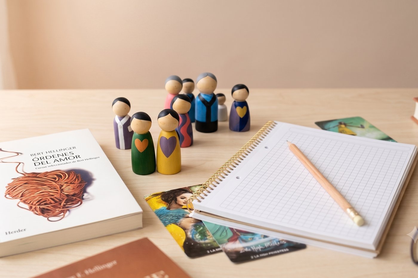Figuras representantes, cuaderno de genograma, cartas proyectivas y bibliografía sistémica sobre una mesa de trabajo.
